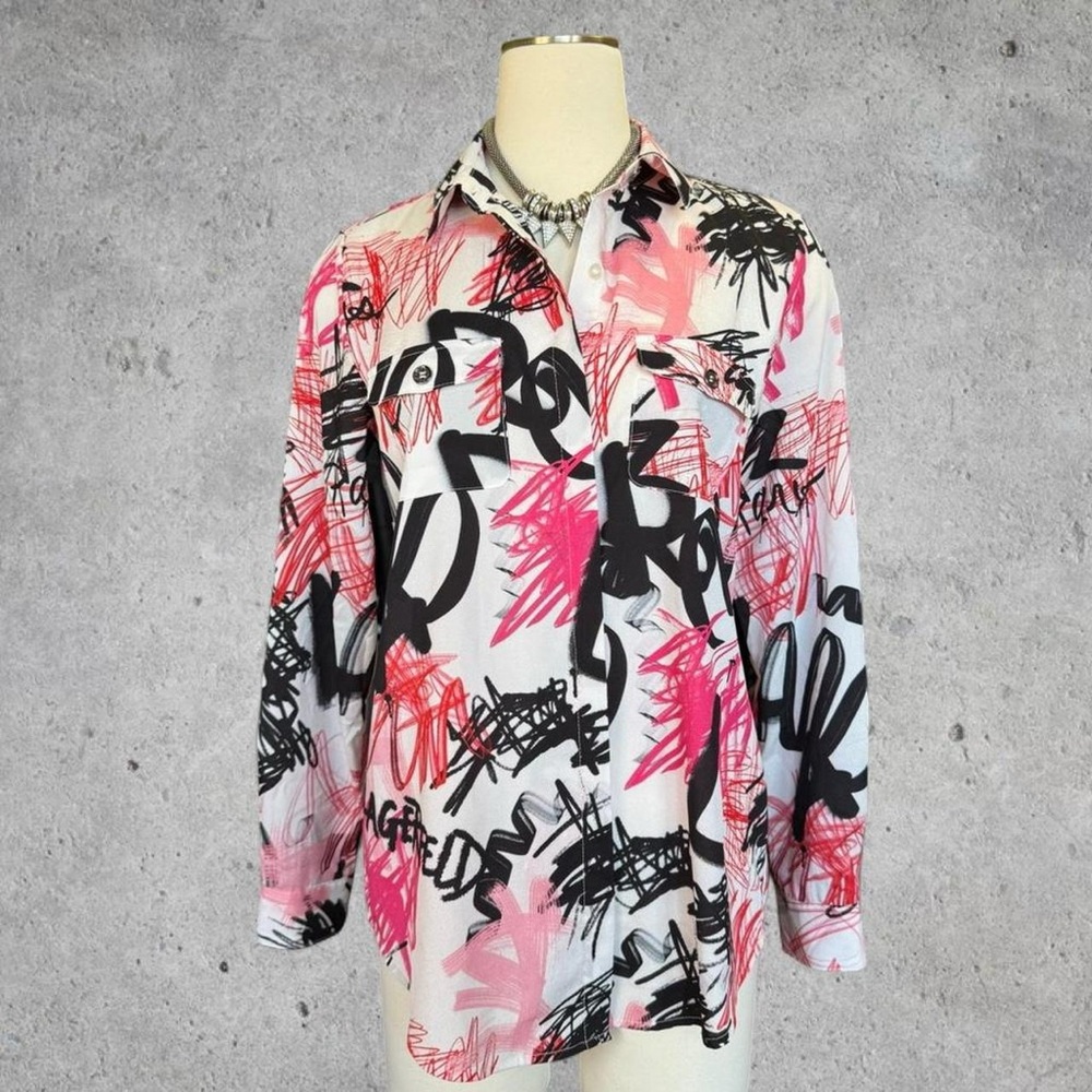Karl Lagerfeld White,Pink & Black Graphic All Over Graffiti Button Up Shirt- S/M